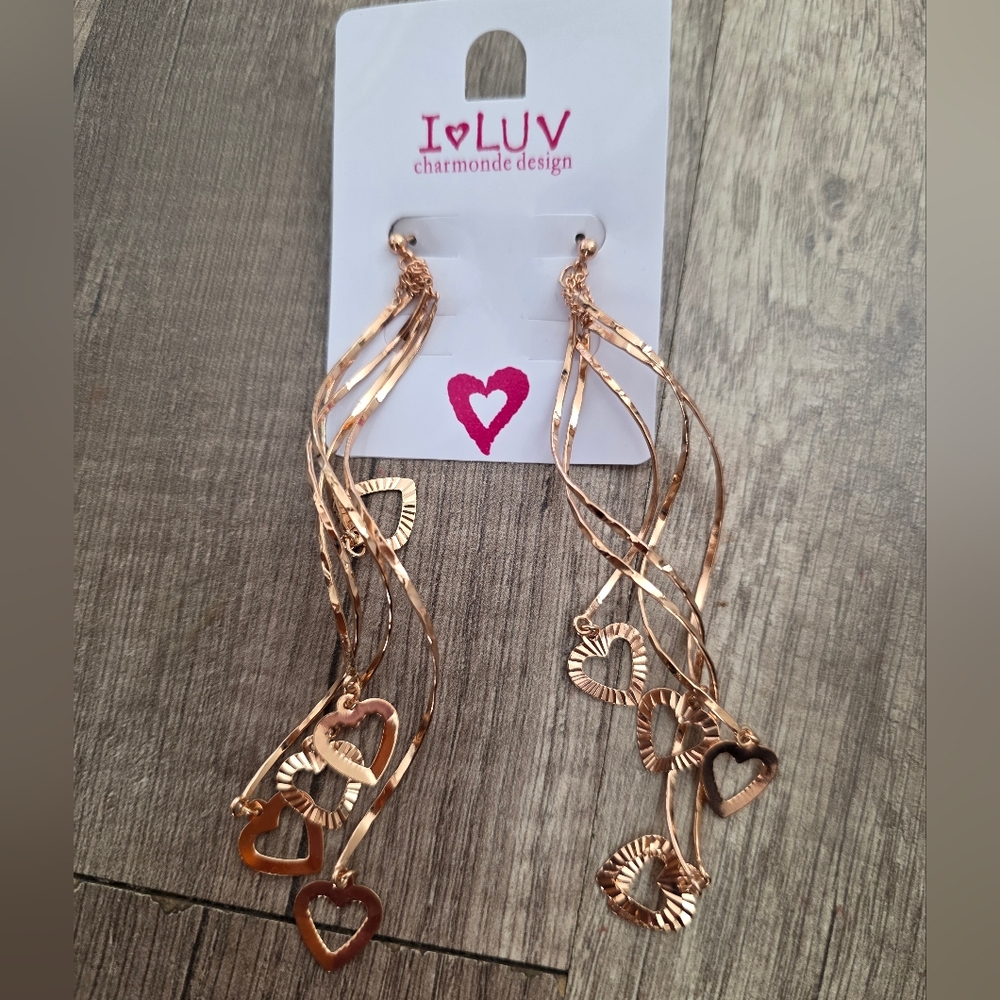 I Love Korean Chandelier Earrings Rose Gold  Bronze New Y2k Hearts Dangly